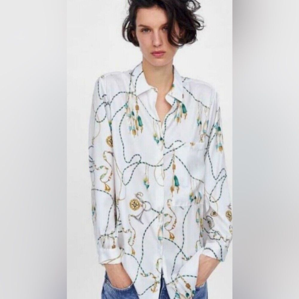 Zara White Nautical Chain Print Blouse Size Xs
